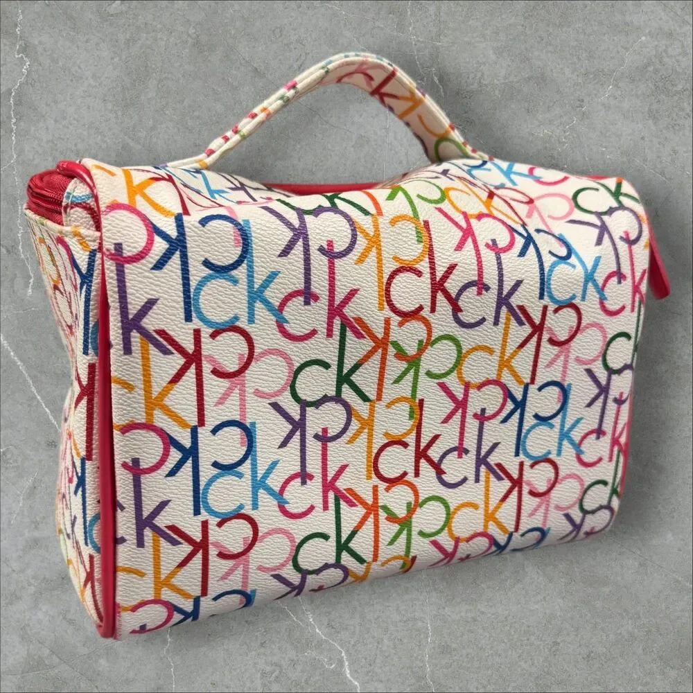 Calvin Klein Rainbow Multi Color Monogram Makeup Bag Tote With Handle Red Zipper